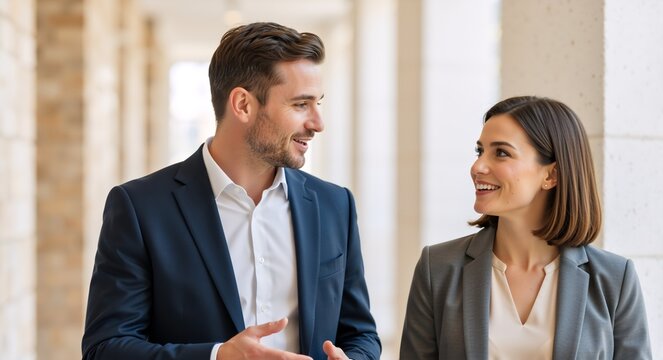 Team spirit: Man and woman in business suits. Smiles and conversation in the hallway. Effective communication.