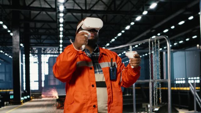 African american worker uses VR headset during technology training session on the factory floor, showing labor strength for industrial development. Improving heavy production practices. Camera B.