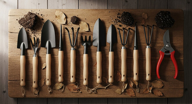 A rustic collection of gardening tools featuring wooden handles, including shovels, rakes, trowels, shears, and pliers. Ideal for agriculture, backyard projects, horticulture, farming content