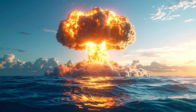 A large nuclear explosion erupts from the ocean with a dramatic mushroom cloud, fiery