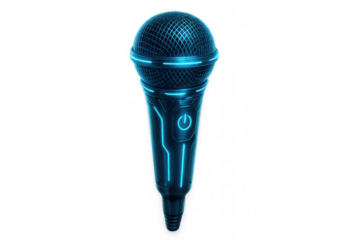 Futuristic microphone with glowing neon blue lights, symbolizing modern audio technology, music, sound, and digital entertainment
