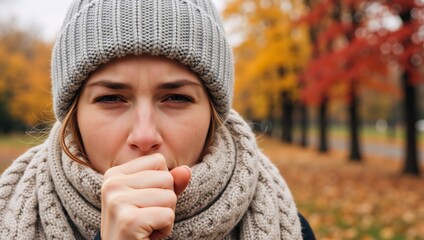 A woman coughs into her hand in discomfort outside in an autumn park. Concept of seasonal illnesses and healthcare.