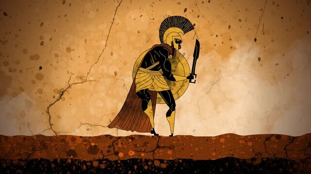 spartan warrior walking in ancient greek vase style