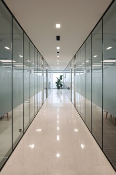 Bright corporate office hallway with glass partition walls, modern corridor interior, clean workplace passage and contemporary business architecture design