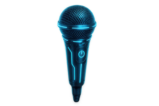 Futuristic microphone with glowing neon blue lights, symbolizing modern audio technology, music, sound, and digital entertainment - Powered by Adobe