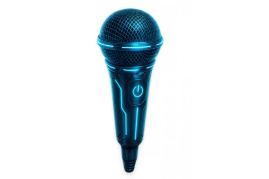 Futuristic microphone with glowing neon blue lights, symbolizing modern audio technology, music, sound, and digital entertainment - Powered by Adobe