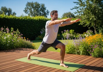Man performing a dynamic lunge exercise on a yoga mat outdoors in a sunny garden