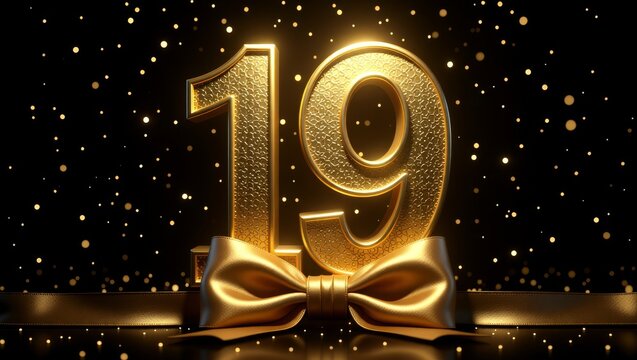 Golden number 19 with bow and sparkling background