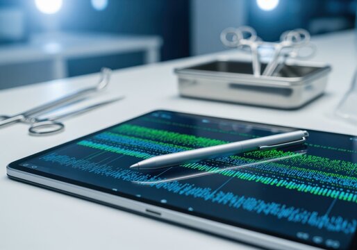 Digital tablet displaying complex scientific data with a stylus for analysis