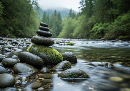 Stacked river stones forming a cairn in a tranquil forest stream with flowing water - Powered by Adobe