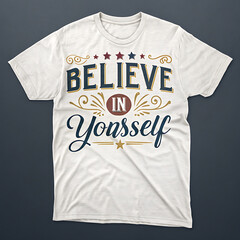 White t shirt with believe in yourself motivational quote graphic