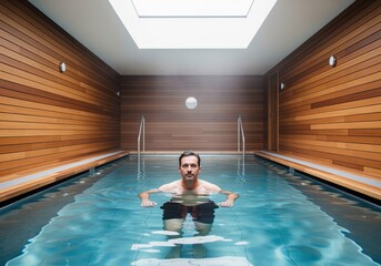 Man relaxing in a modern indoor swimming pool at a wellness center