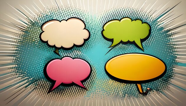Dynamic collection of vibrant comic style speech and thought bubbles, perfect for illustrating communication, dialogue, or message concepts with a playful pop art aesthetic