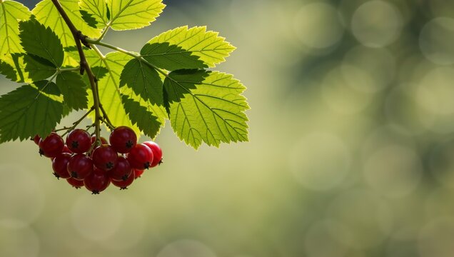 Cluster of ripe red currants on a branch with backlit green leaves. Fresh organic summer fruit nature background with blurred bokeh - Powered by Adobe