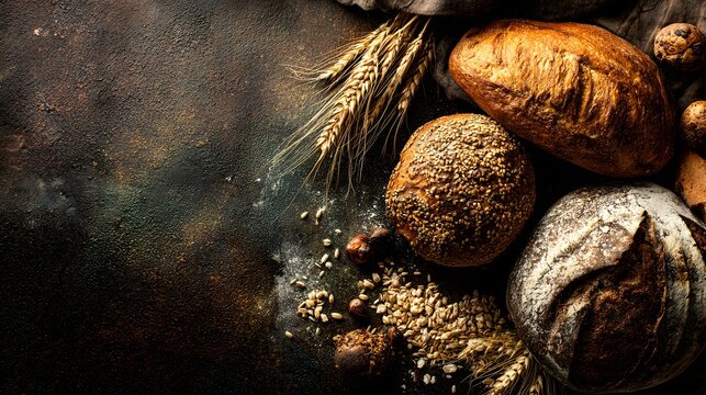 Assortment of freshly baked bread loaves and rolls with wheat ears and grains on a rustic dark background.