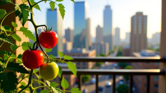 Ripe tomatoes on vine with city skyline backdrop