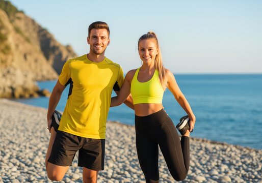 Healthy active couple stretching together on a sunny beach before their outdoor workout - Powered by Adobe
