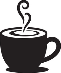 Black silhouette of a steaming coffee cup on a white background