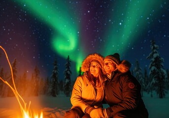 Naklejka premium Couple by bonfire gazing at vibrant northern lights in a snowy winter night