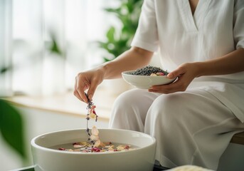 Woman adding dried lavender and rose petals to a relaxing foot bath