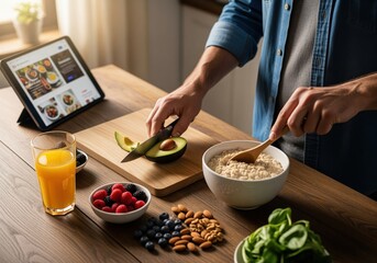 Person preparing healthy breakfast with fresh ingredients and digital recipe