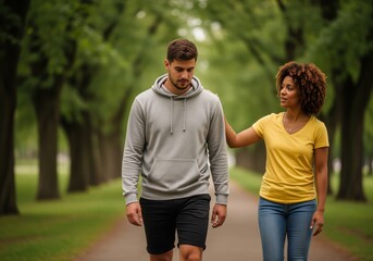 Young woman comforting a thoughtful man during a supportive outdoor walk