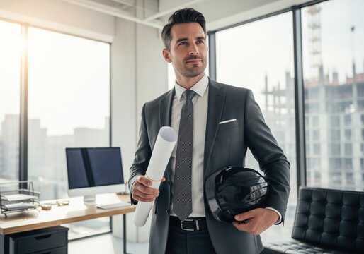 Confident architect holding blueprints and hard hat in a modern office
