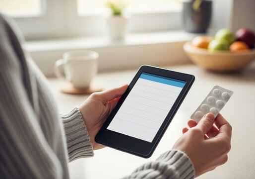 Hands holding a digital tablet and blister pack of pills for health research