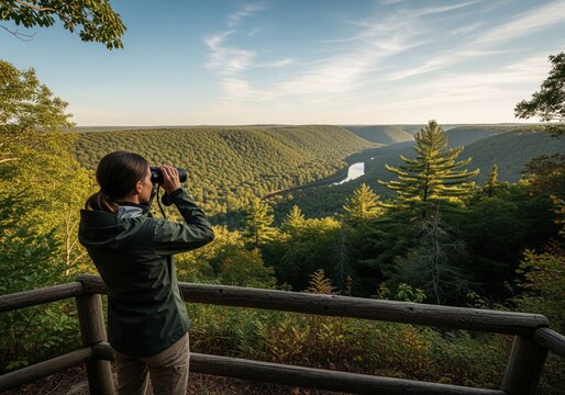Woman birdwatching with binoculars at scenic forest valley overlook - Powered by Adobe