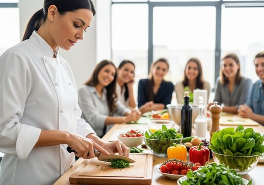 Professional female chef demonstrating healthy cooking techniques in a bright kitchen.