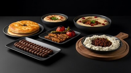 Delicious Middle Eastern Cuisine, Hummus, Kebabs, and Bread.