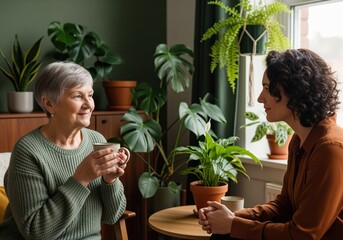 Senior woman and younger companion enjoying a warm conversation at home