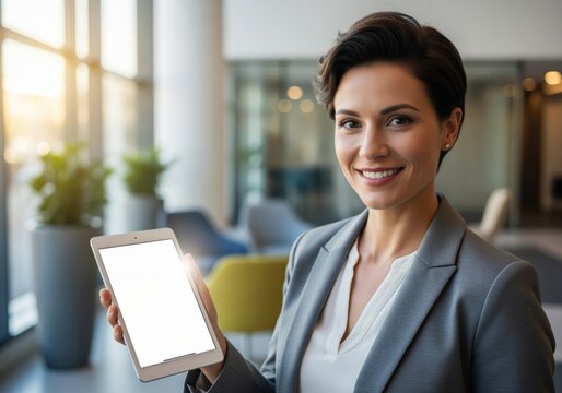 Smiling businesswoman holding blank tablet screen in modern office