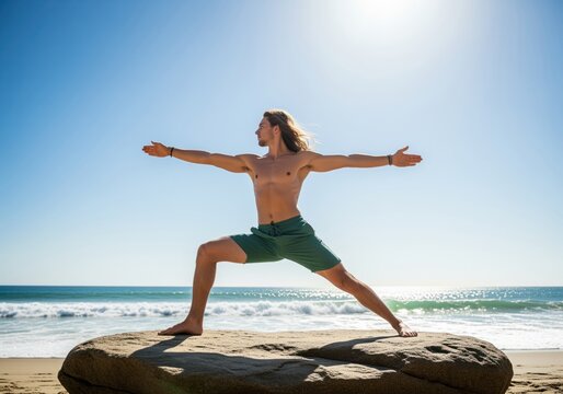 Young man with long hair in forest green shorts doing warrior II yoga pose