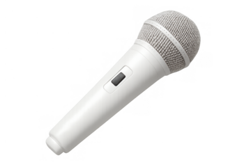 White microphone with black button for recording, singing, broadcasting, and public speaking, on transparent background