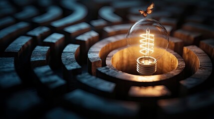 A lightbulb with a butterfly on top is placed in the center of a wooden maze, representing the concept of innovation and finding solutions. The image has a mood