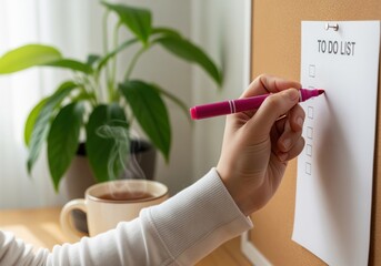 Person hand checking off a task on a to do list with a pink marker