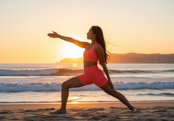 Woman practices warrior II yoga pose on beach during golden sunset