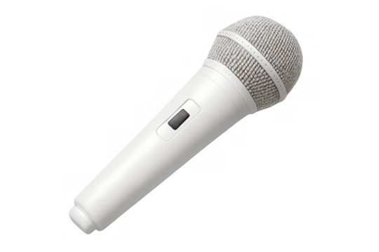 White microphone with black button for recording, singing, broadcasting, and public speaking, on transparent background