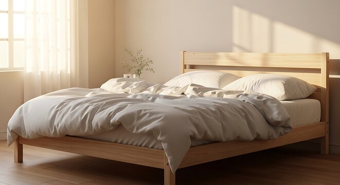 Minimalistic bedroom setup showcasing a modern wooden bed frame