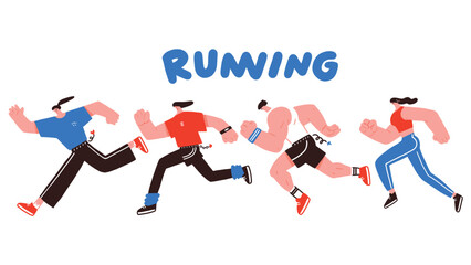 Dynamic Group of Runners in Flat Vector Style Illustration