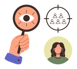 Hand holding magnifying glass with eye focus, target symbol with group of people, and woman avatar. Ideal for research, focus, marketing, analysis, audience individuality targeting. Simple flat