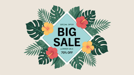 Big Summer Sale Advertisement with Tropical Leaf and Flower Elements on Beige Background