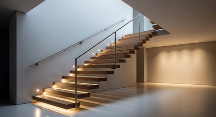 Modern staircase architecture with floating steps and subtle lighting