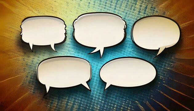 A set of five blank comic book style speech bubbles ready for text, dialogue, or messages, on a dynamic and textured retro background