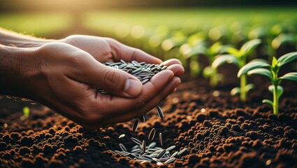 Hands planting seeds into soil with young plants