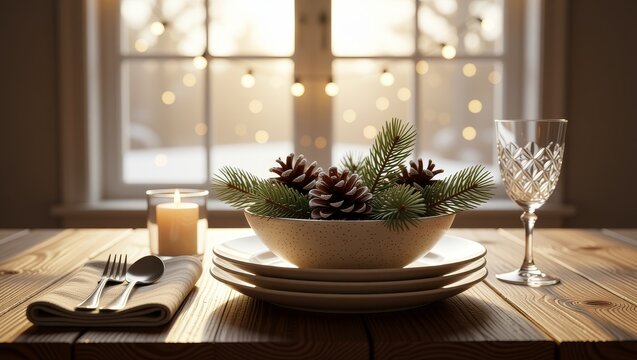 Winter table setting with pine cones and evergreen