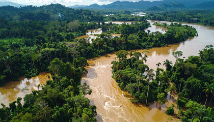Explore vibrant rainforest views with a winding, powerful river flowing through lush tropical greenery, perfect for travel, adventure, and nature projects