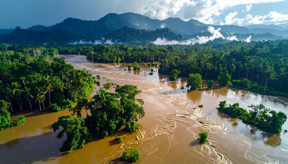 Stunning aerial view of a flooded river flowing through lush tropical forest and mountains, showcasing nature's power and resilience after a storm
