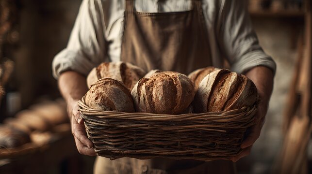 Baker holding a rustic basket filled with freshly baked artisan bread loaves, showcasing a warm, inviting bakery atmosphere.